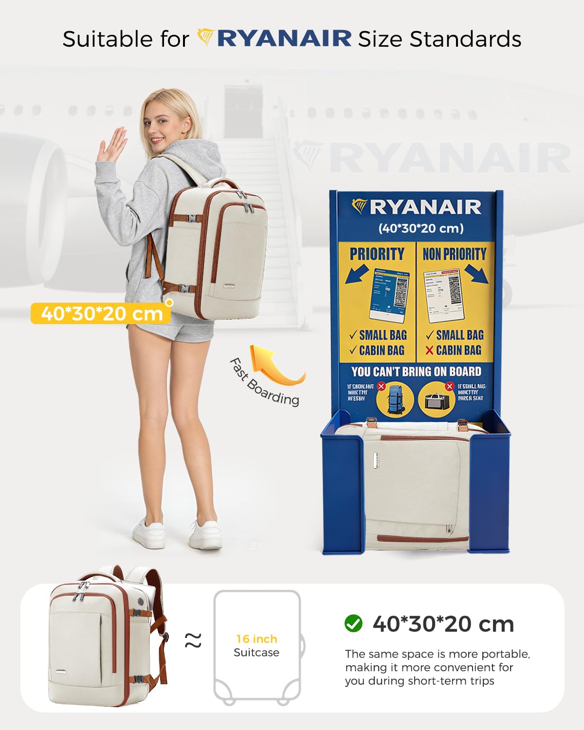 Sac à Dos Voyage Cabine Ryanair 40x30x20, Sac à Dos 40x20x25 Ordinateur Portable 14 Pouces pour Homme Femme avec 6 Sacs d'Organisation