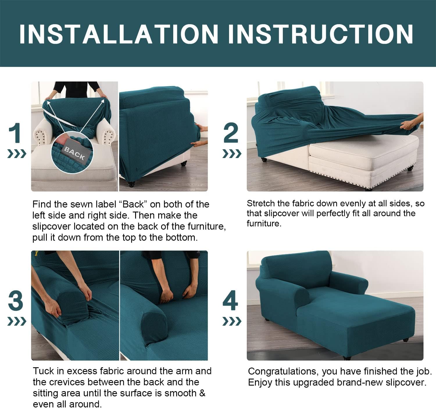 FantasDecor Chaise Lounge Cover Stretch Chair Lattice Slipcover with Armrests for Living Room Bedroom Double Arm Soft Jacquard Fabric Machine Washable, Deep Teal