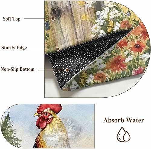 Miniatura 7 de 5ft Round Rug, Retro Rooster Non-Skid Rubber Backing Large Area Rugs - Living Room Bedroom Home Office, Spring Flowers Watercolor Animals Indoor