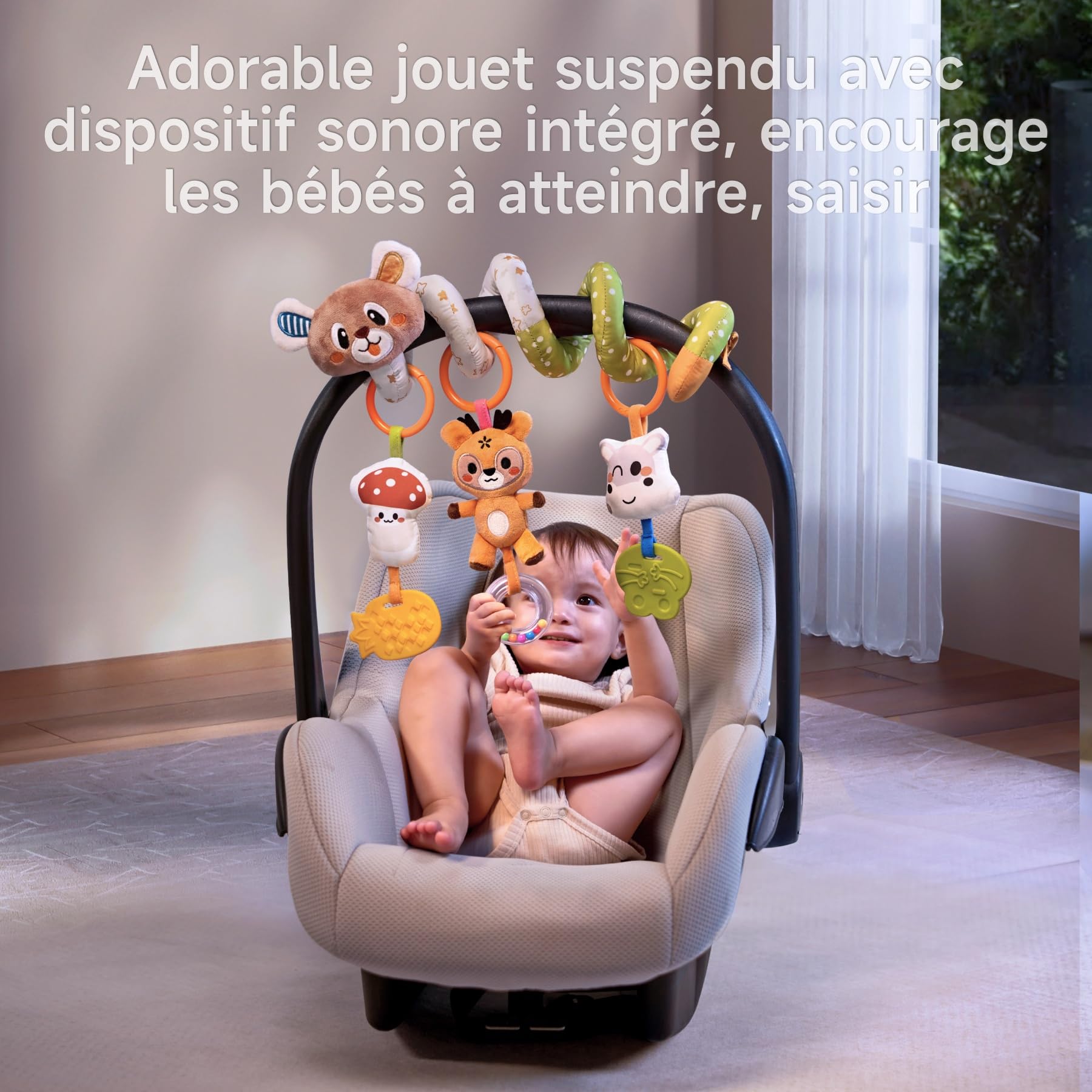 TUMAMA Arche Poussette avec Jouet Spiral 0 3 6 9 12 18 Mois Arche d'activités Bébé Siège Auto Clip Arche d'Éveil Hochet 3 Animeaux Sensoriel Cadeau Nouveau-né
