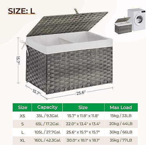 Miniatura 8 de GREENSTELL Storage Basket with Lid, 27.7 Gallon(105L) Lagre Wicker Blanket Storage Basket with Handles, Foldable, 2 Removable Liner Bags, Metal Gris