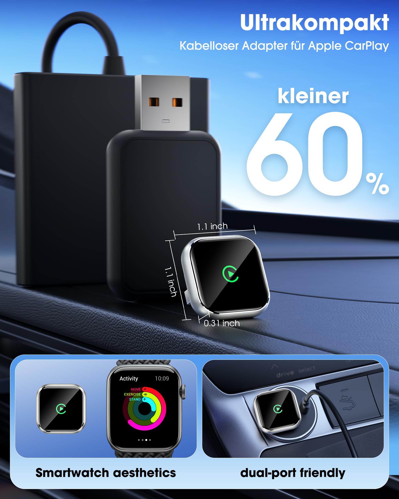 Wireless CarPlay Adapter mit GPS und Navigationsunterstützung - Kabelloses CarPlay für Fahrzeuge ab 2016, 5GHz WiFi, Auto-Connect, Niedrige Latenz, Nur für iPhone (Gold)