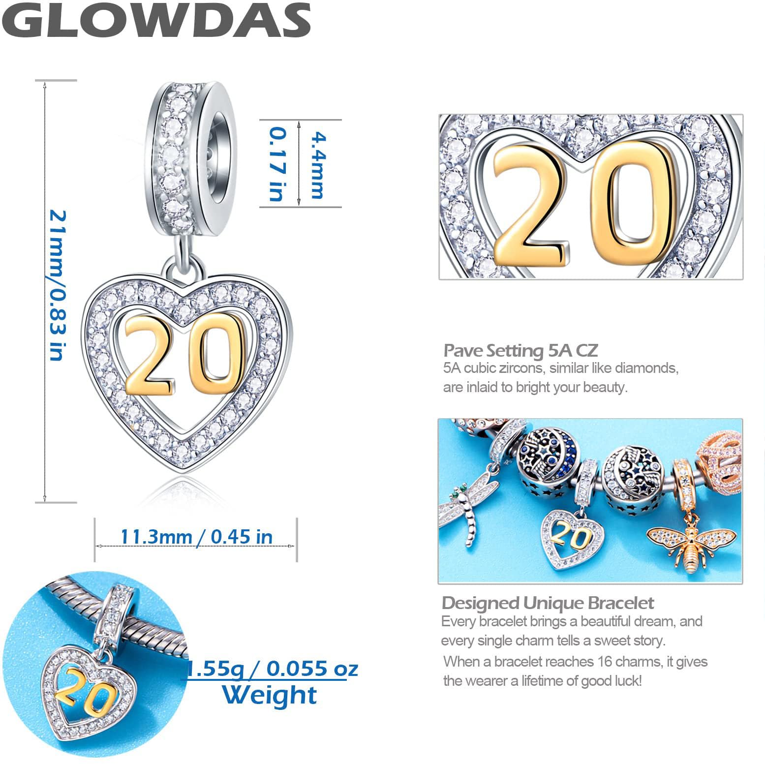10 11 à 21 22 23 24 25 28 30 33 35 40 45 50 55 60 65 70 75 80 charms anniversaire, fit bracelet/collier birthday européen, numéro d'or pendentif coeur en argent sterling 925 avec cz, pour femme/homme