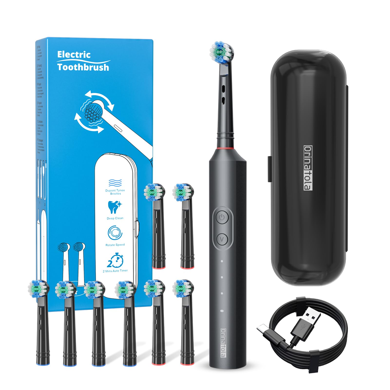 Brosse à dents électrique avec 8 têtes de brosse (3 modes), brosse à dents électrique rechargeable de voyage, autonomie de 50 jours, 8 800 VPM, étui de voyage et câble de charge USB, noir