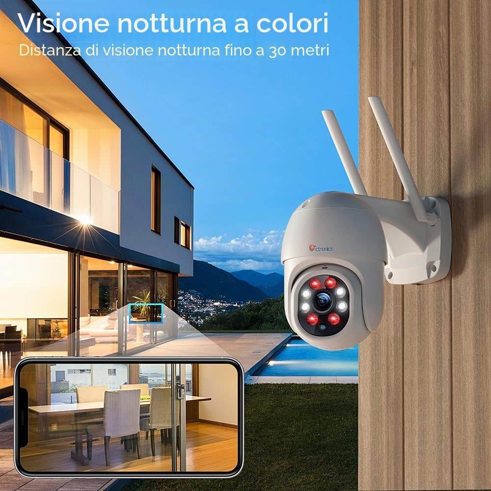 Ctronics Telecamera wifi esterno con Visione Notturna a Colori, 2K 3MP PTZ Zoom Digitale IP Videocamera di Sorveglianza con Pan 355° e Tilt 90° Auto Tracking Movimento Rilevazione Audio Bidirezionale | 2K 3MP PTZ Zoom Digitale IP Videocamera di Sorveglian