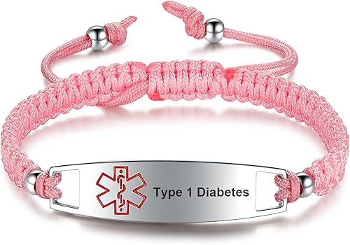 JF.JEWELRY Pulseras de identificación de alerta médica para diabetes tipo 1 pregrabadas para hombres y mujeres, cuerda de nailon trenzada