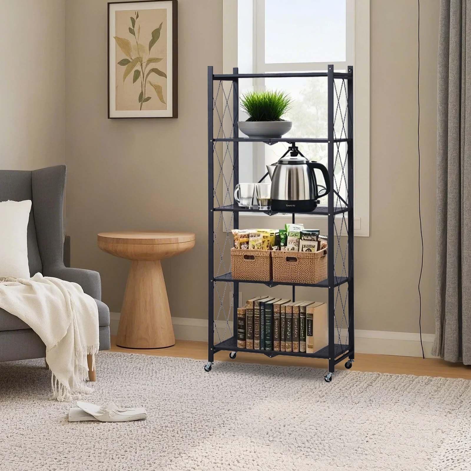GarveeHome Heavy Duty Heavy Folding Metal Storage Shelves con ruote - Portapacchi a 5 livelli - Nessun assemblaggio richiesto - Capacità 300kg - Nero a 5 strati 70 * 35 * 158cm
