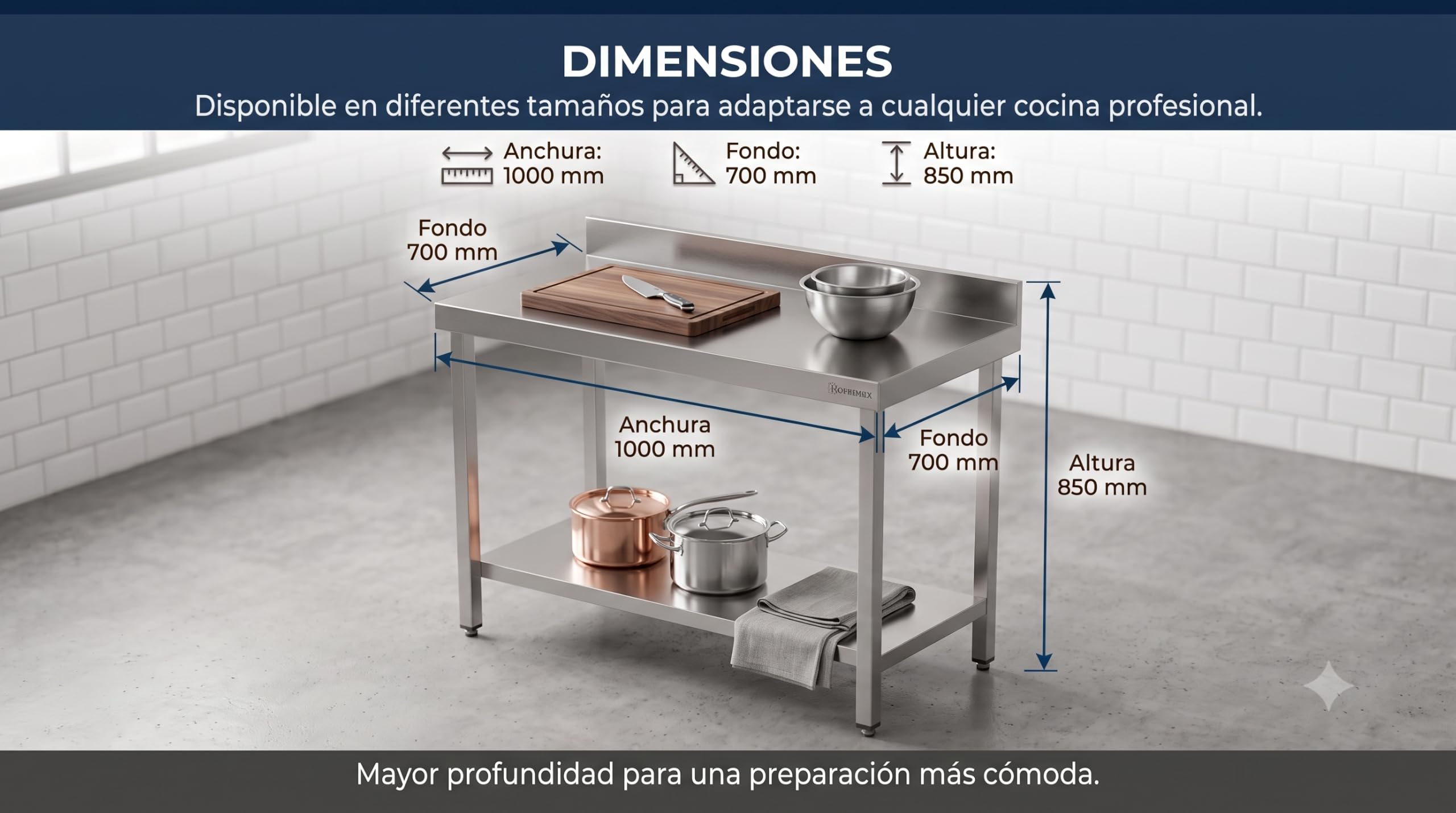 Mesa de Trabajo Mural en Acero Inoxidable AISI 304 para hostelería 100 x 70 x 85 cm, encimera Profesional con Peto Trasero de 10 cm, Estante Inferior Reforzado y Patas Regulables