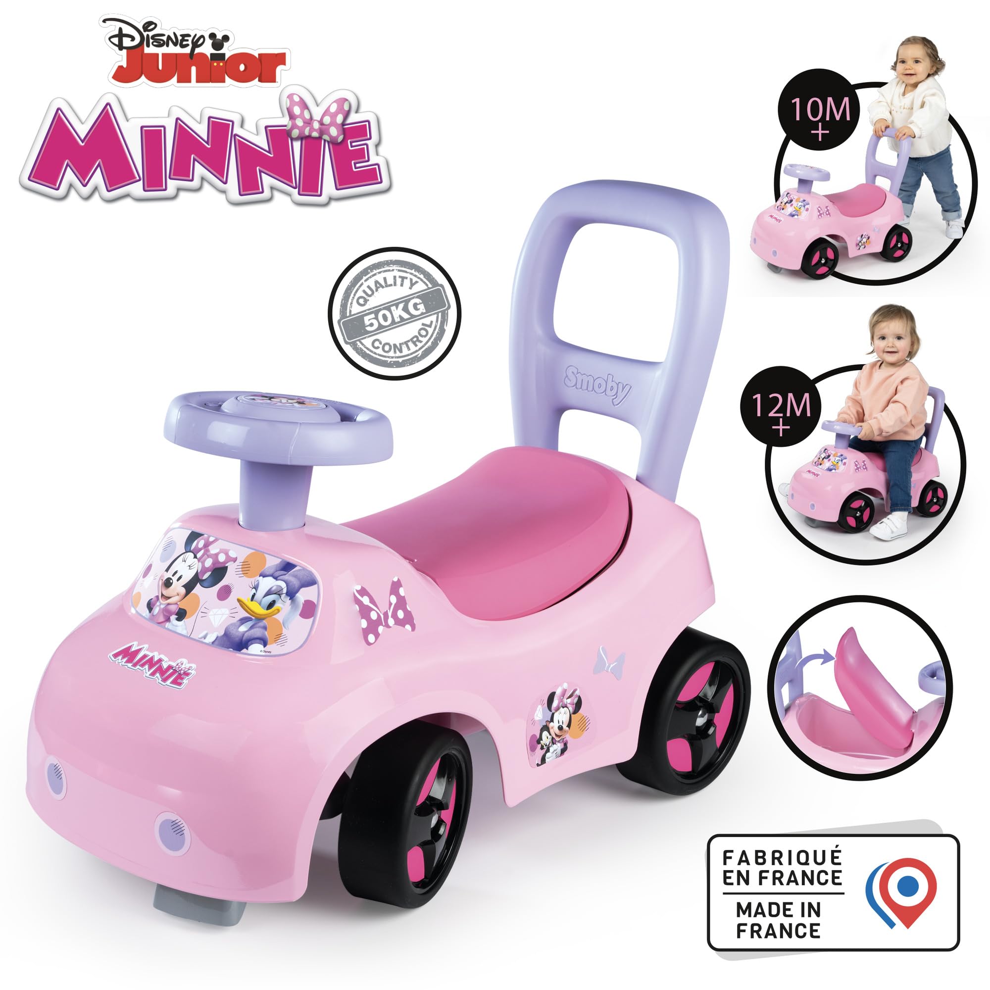 Smoby - Coche correpasillos Minnie - Función Andador - Ayuda para Caminar - Volante - Caja de Juguetes - Confianza, coordinación y motricidad - A Partir de 10 Meses - Fabricado en Francia