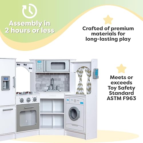 Miniatura 9 de KidKraft Ultimate Corner Wooden Play Kitchen with Lights & Sounds, Play Phone and Curtains, White