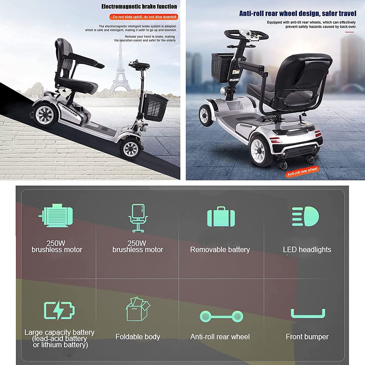 Scooter eléctrico para ancianos - Scooter de motor - Vehículo eléctrico para viajes Scooter de movilidad de 4 ruedas - Silla de ruedas móvil eléctrica para adultos - Plegable y compacto - Verde