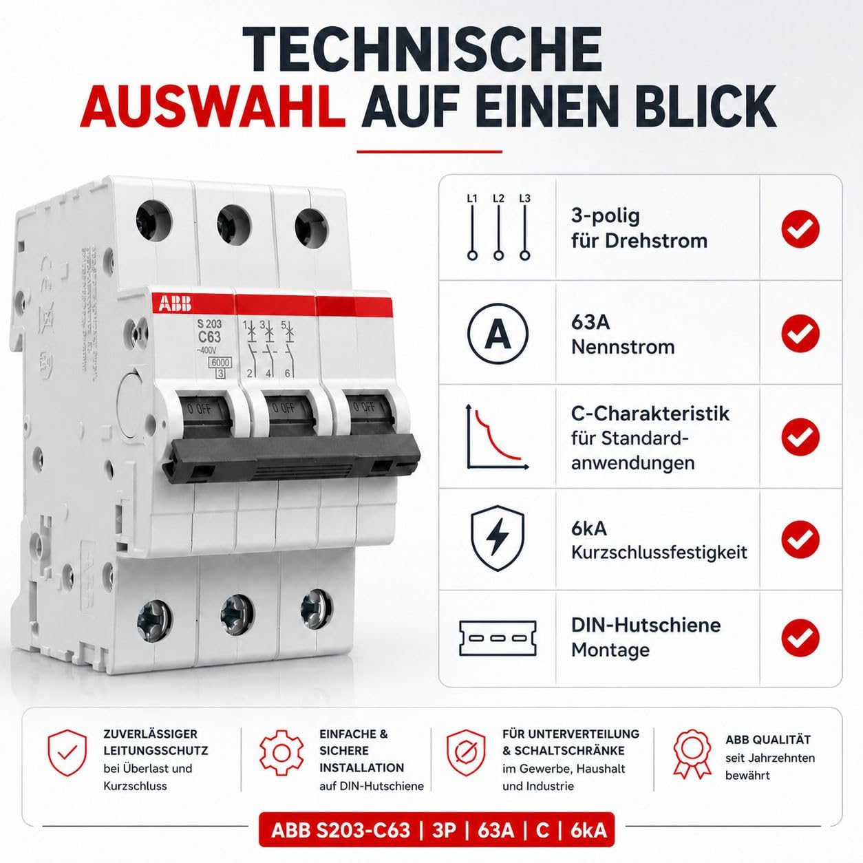 ABB S203-C63 Leitungsschutzschalter 3-polig C63A 6kA Sicherungsautomat Drehstrom LS-Schalter System pro M compact für Verteiler Hutschiene nach DIN EN 60898-1 Art. 2CDS253001R0634