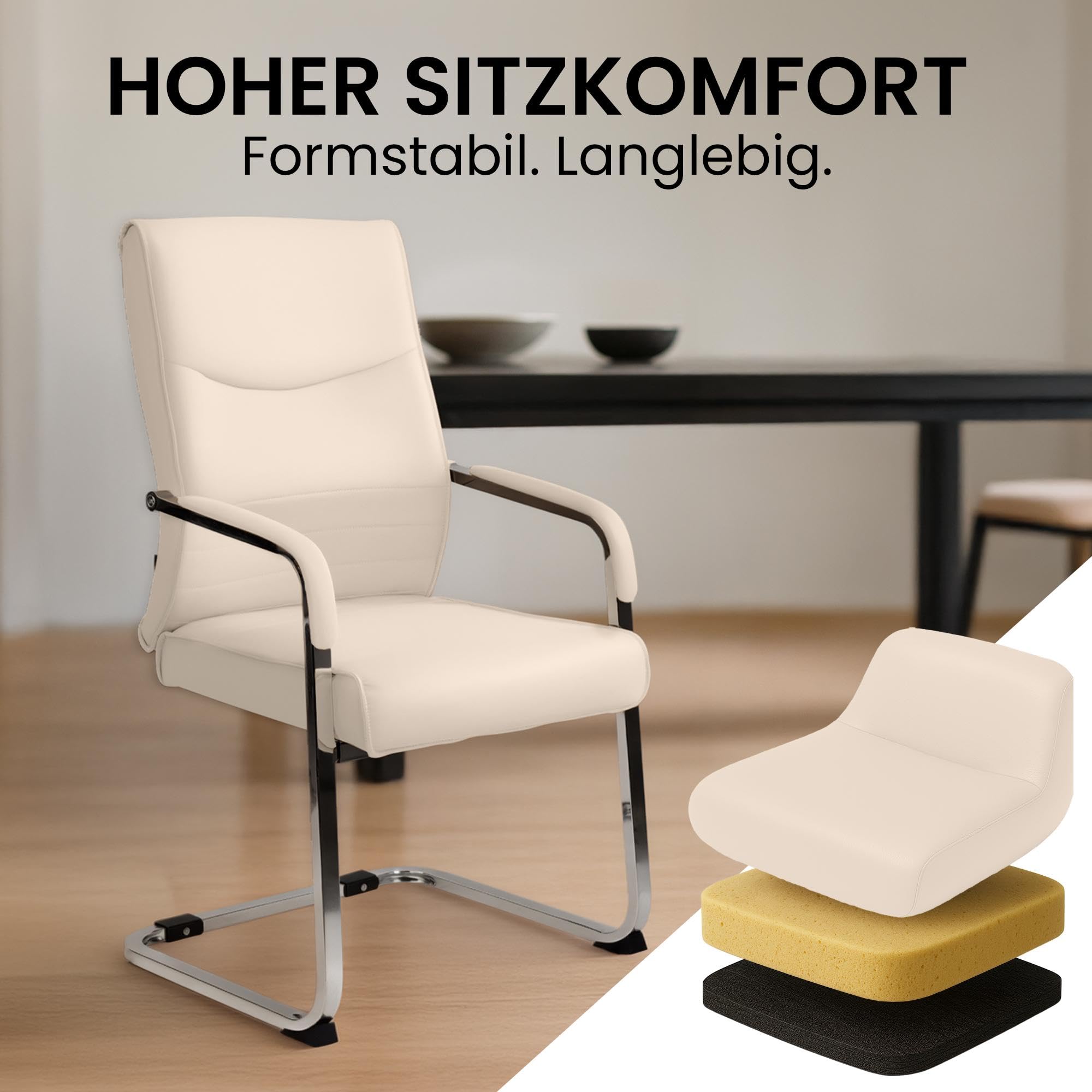 CLP Esszimmerstuhl ergonomisch Hobart, Freischwinger mit Armlehnen gepolstert, Metallgestell stabil, Konferenzstuhl modern, Farbe:Creme, Material:Kunstleder