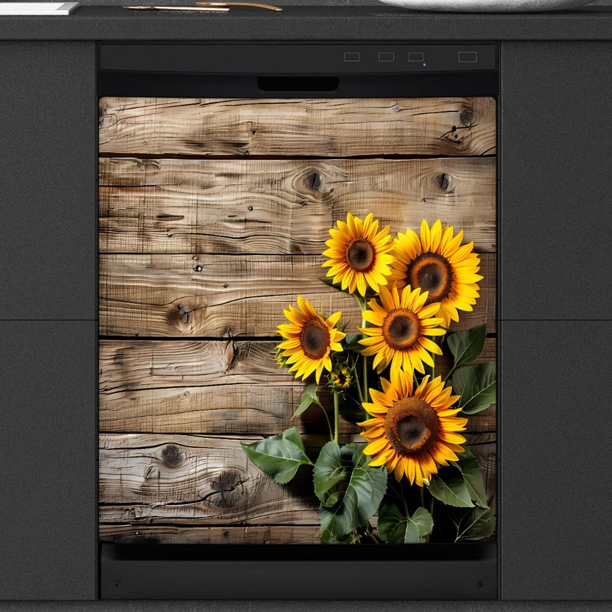 Dishwasher Magnet Cover Retro Wooden Sunflower Reusable Dishwasher Magnetic Cover Sticker Decorative Dish Washer Door Cover Panel for Home Kitcen Appliance