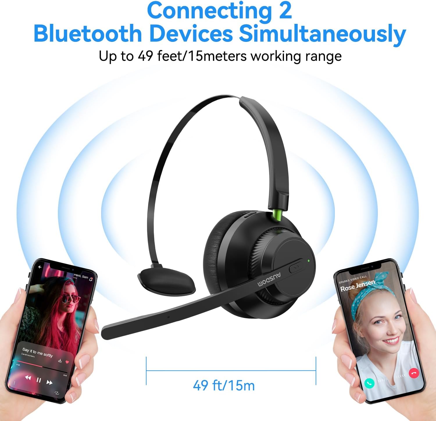 AUSDOM Trucker Bluetooth Headset with Microphone: A2301 Wireless 5.2 On-Ear Headset with AI Noise Cancelling Mic & Mute Button, 50H Playtime for Work from Home Office Call Center Cellphones Laptop - Image 4