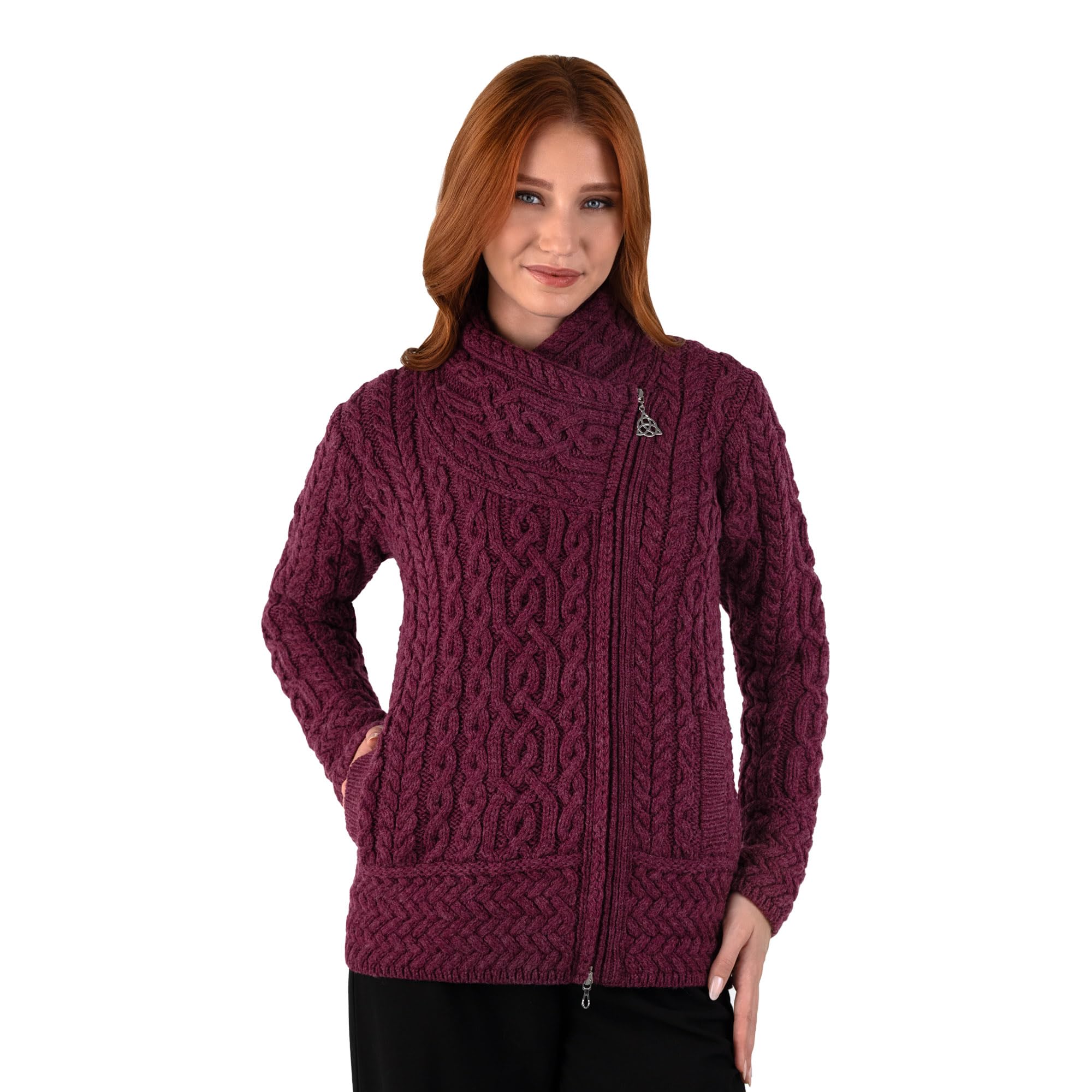 SAOL Irish Cardigan for Women 100% Merino Wool Ireland Sweater Cable Knit Zip Jacket, Velvet red, S
