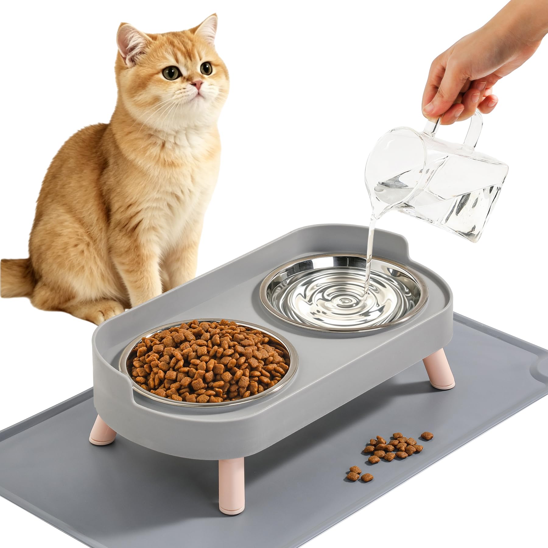 LoeJan Elevated Cat Bowls Set - Raised Cat Food and Water Bowl Set with Non Slip Stand - Pet Feeding Station with 2 Stainless Steel Bowls with Splash Proof Guard