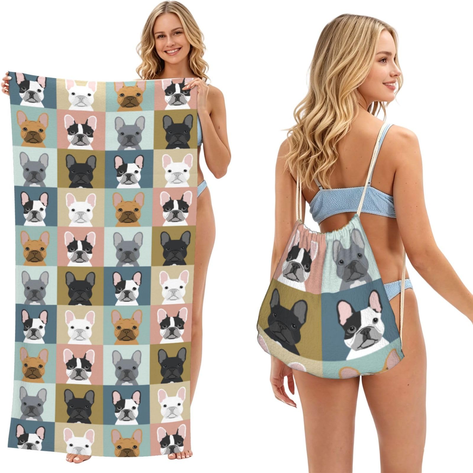 Poadnly As Picture French Bulldog, 2 In 1 Packable Towel Bag, Beach Towels With Drawstring Backpack For Travel Holiday Camping