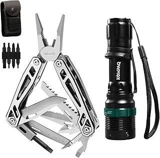 KOMPAQ Multitool Pliers and LED Flashlight Set, Stainless Steel Foldable Locking Pocket Multi Tool Kits with Torch, Screwdriver, Bottle Can Opener, Rope Cutter, Pouch for Camping DIY Survival, Silver