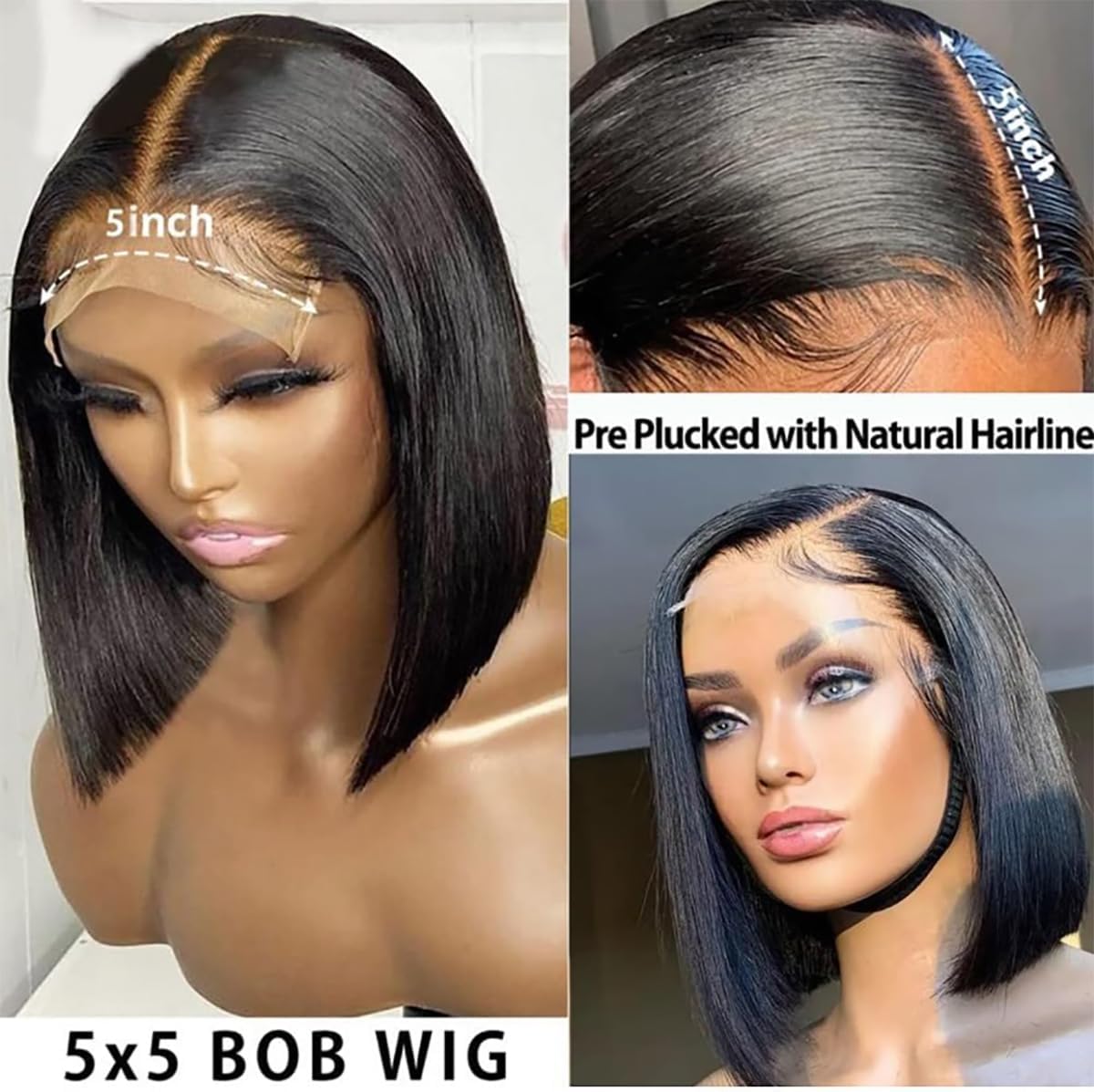 Bob Wig Human Hair 5x5 Straight Bob Lace Closure Wigs Human Hair Short Bob Human Hair Wigs for Black Women Transparent Glueless Wigs Pre Plucked with Baby Hair (12 Inch)