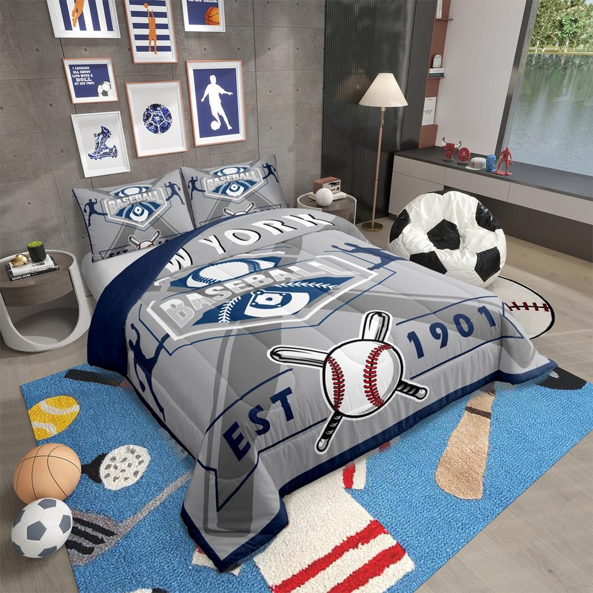 Erosebridal Baseball Full Bedding Set for Kids, Baseball Lovers Comforter Set Sports Game Quilt Comforter Sets with 2 Pillowcases, New York Yankees Theme