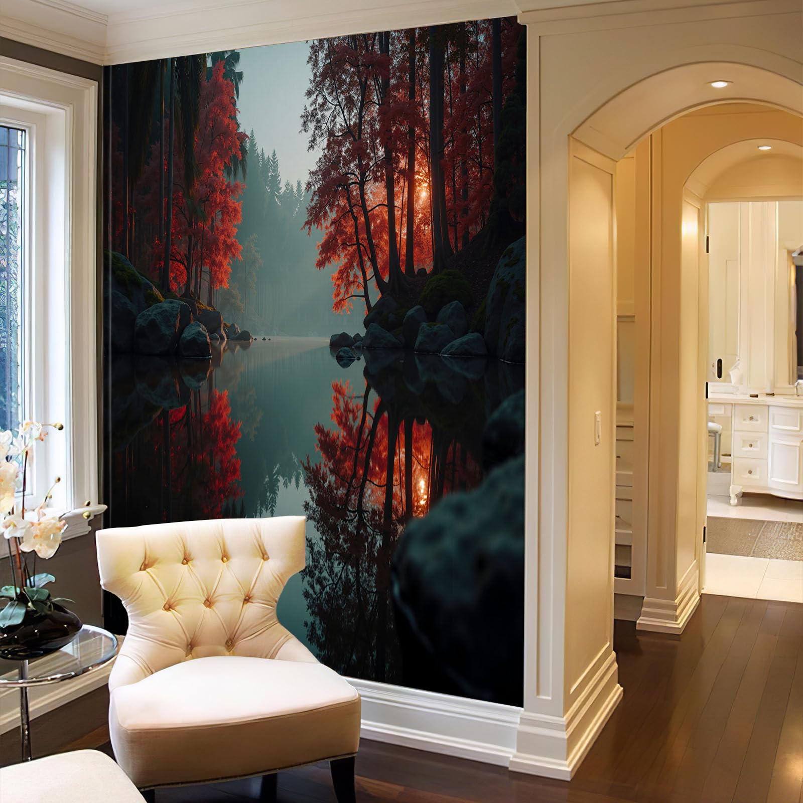 CECE&COLE Waldlandschaft Panorama-Tapete Orangerot | 400×280 CM, Seide, Ahornwald Stilles Wasser Sonnenuntergangsglühen XXL-Poster, Wanddeko für Schlafzimmer, Wohnzimmer