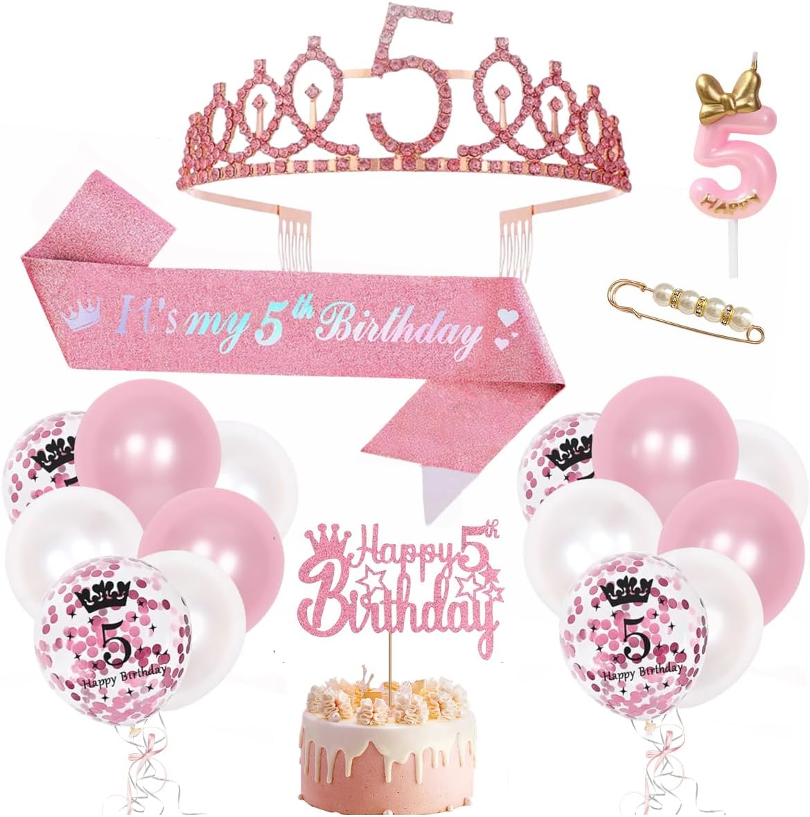 5. Geburtstag Mädchen Deko, 5. Rosa Geburtstag Krone und Schärpe, Luftballon 5 Jahre, Happy Birthday Tortendeko mit Kerze, Crown Prinzessin Geburtstagskrone für Geburtstagsdeko Mädchen 5 Jahre