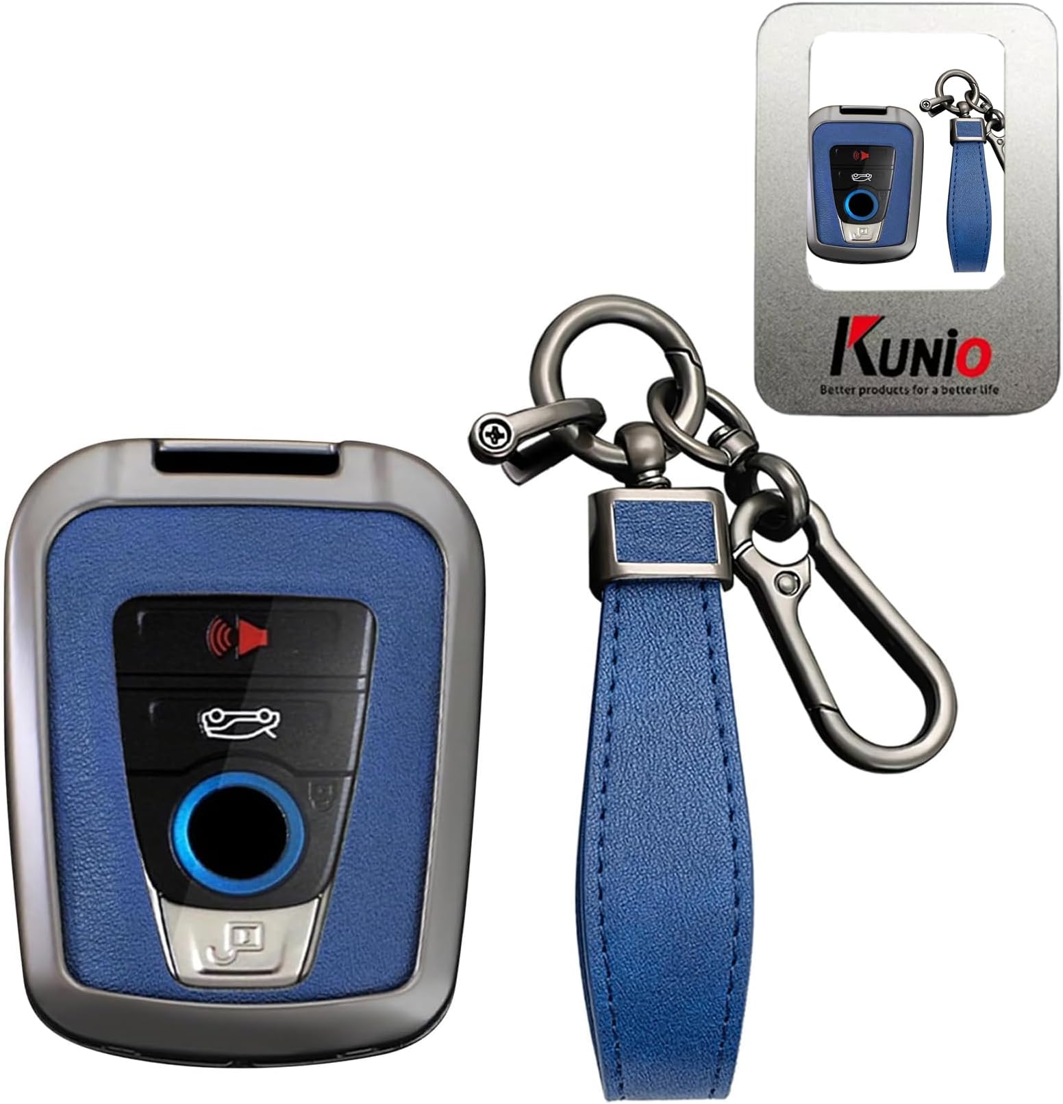 KUNIO PU Leather+Zinc Alloy 4 Button Smart Key Fob Cover Case Fit for BMW 2014-2019 I3 2014-2020 I8 Keyless Key Holder with Leather Keychain Car Accessory B Gun Blue