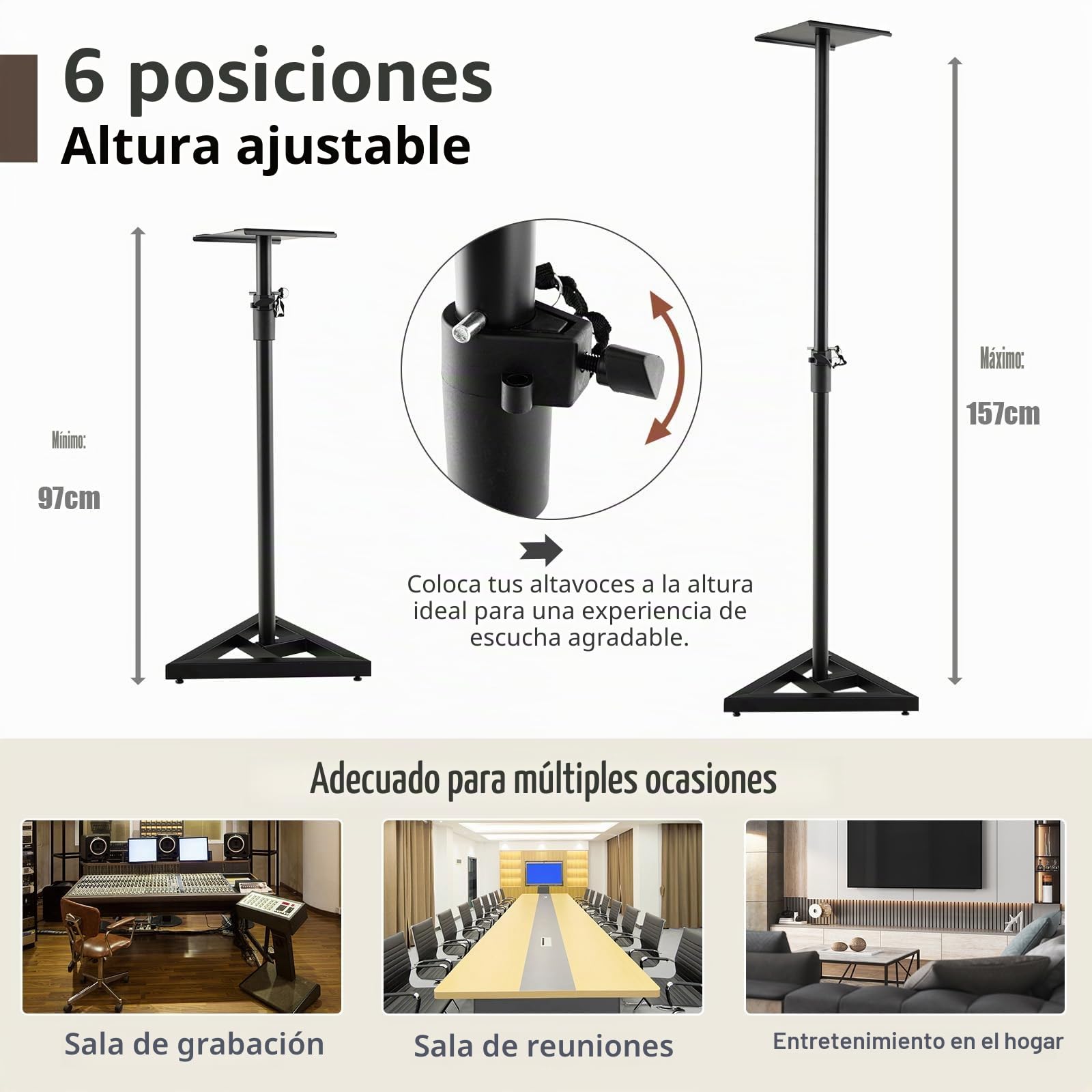 KOMFOTTEU Juego de 2 Soportes para Altavoces de Altura Ajustable 97-157 cm, Soportes para Monitor de Estudio con Base Triangular y Plataforma Cuadrada, Soporte de Suelo de Metal con Carga 50 kg