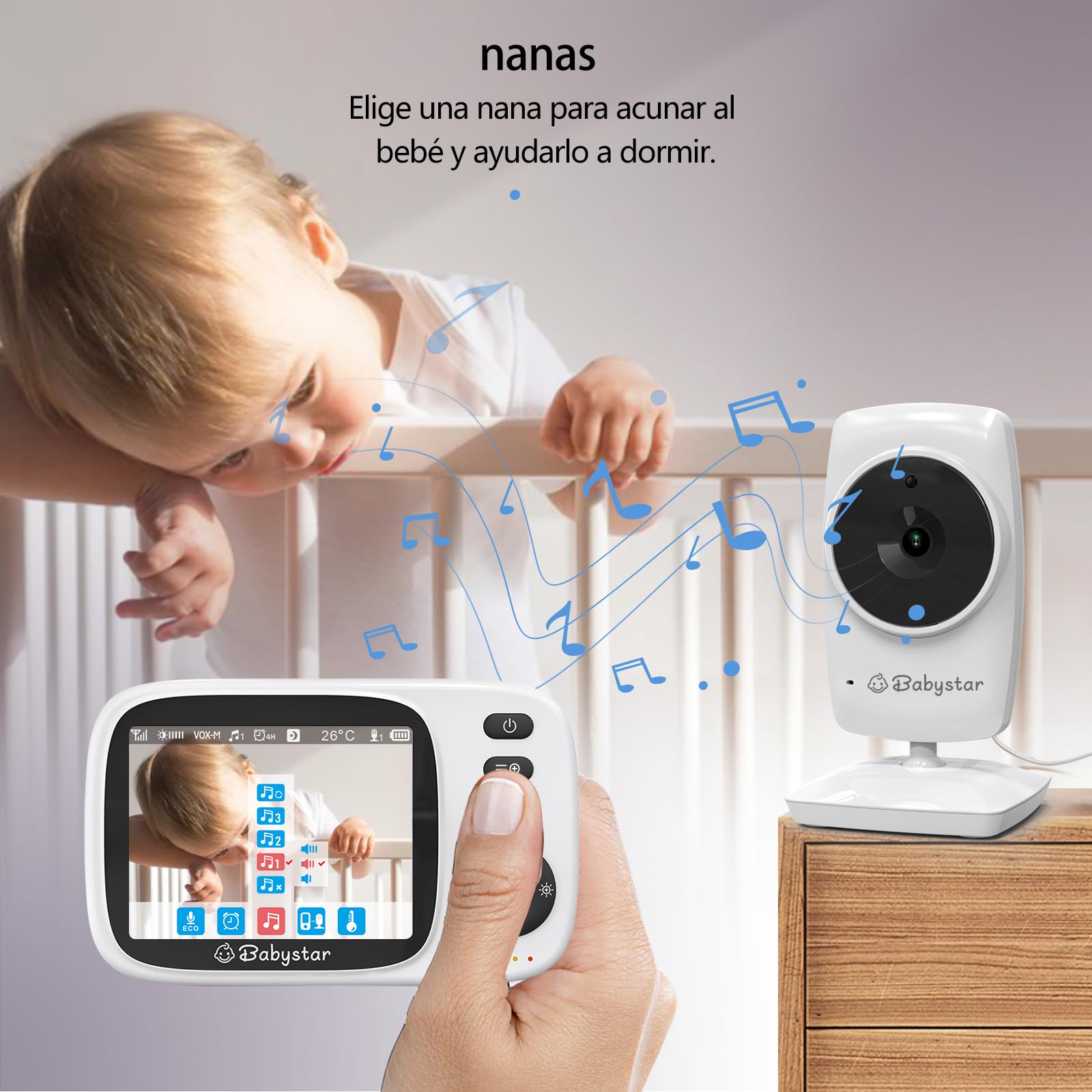 Babystar Vigilabebés con Cámara, Camera Vigilancia Bebe con LCD 3.2",VOX,Zoom 2X,visión Nocturna, lulabies, Monitoreo de Temperatura, sin WiFi,Comunicación Bidirecciona Escucha Bebes