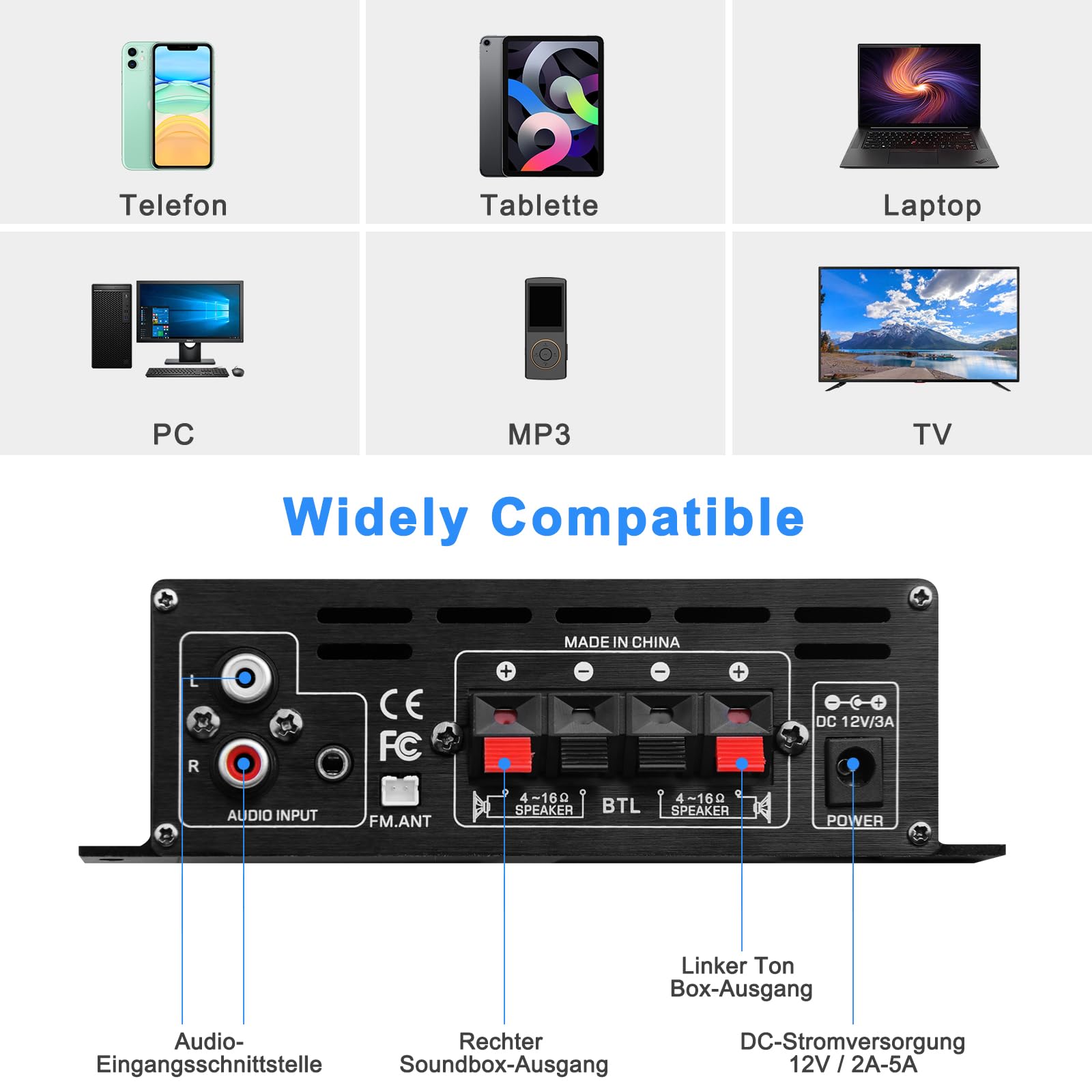 AK-380 Bluetooth 5.0 HiFi Verstärker 2.0-Kanal 40W x 2 Max. 400W Mini Verstärker Stereo Audio Leistungsverstärker-Empfänger mit USB SD Slot, UKW-Radio für Auto und Heimlautsprecher