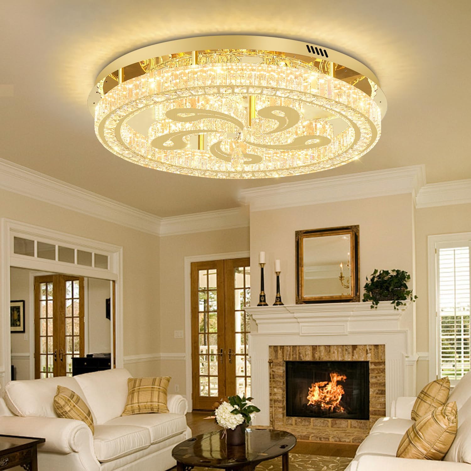 Modern Crystal Chandeliers for Dining Room Flush Mount Ceiling Chandelier for Living Room Dining Room Ring LED Crystal Ceiling Light (Round,32in Gold,Dimmable 2700K-6500K)