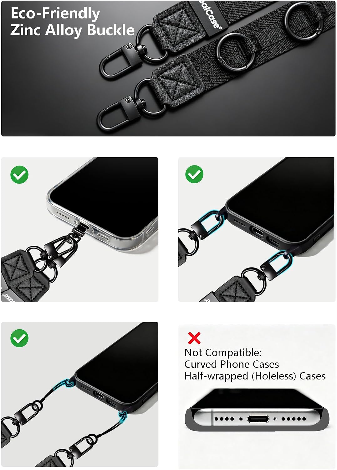 Anti-Theft 2-in-1 Heavy-Duty Cell Phone Lanyard, Adjustable Crossbody Neck Wrist Shoulder Strap 35.53''-66.93'', Quick Detachable Buckle, 360° Metal Tether Tabs, Fits All Phones - Black Small