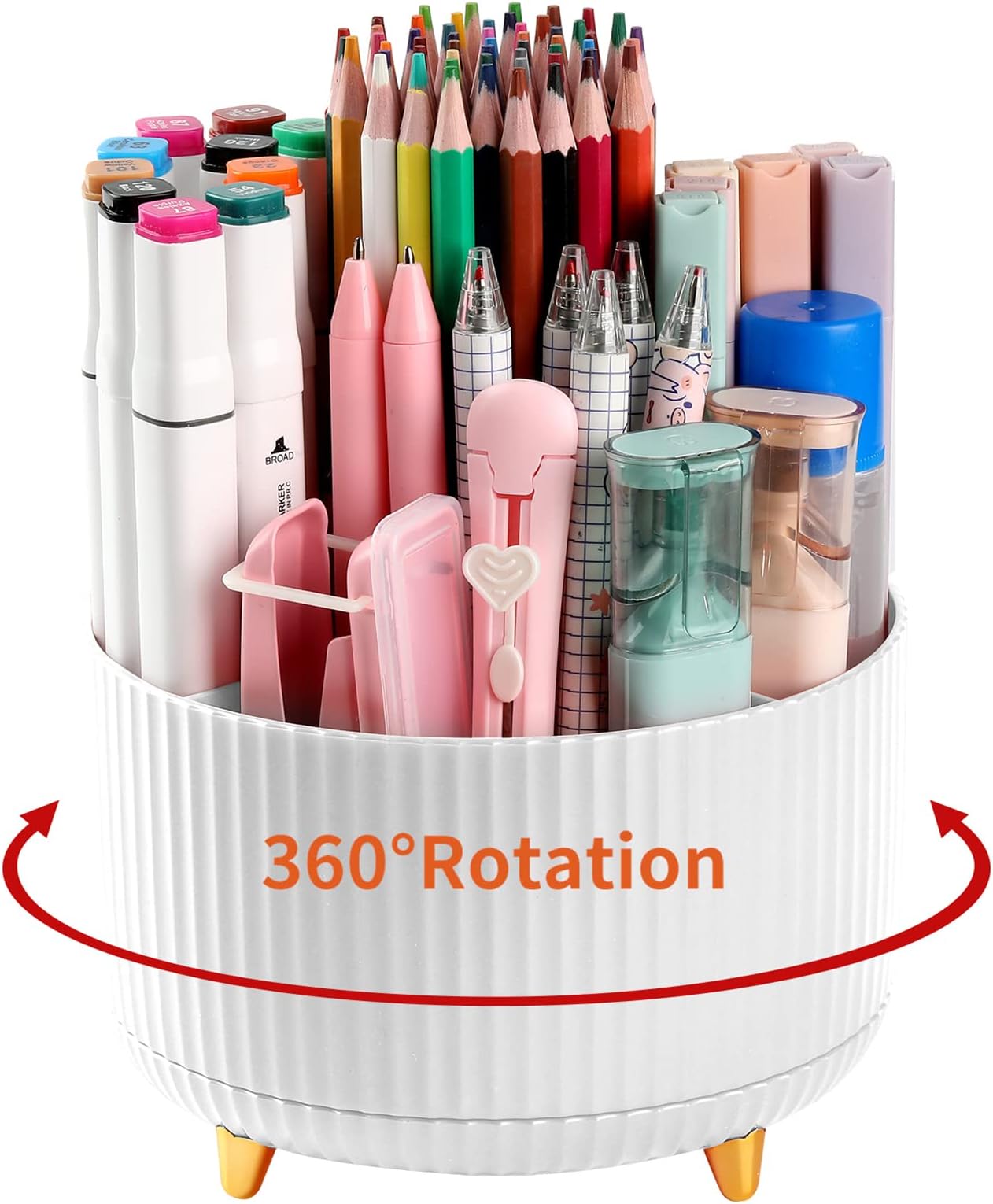 Desk Pencil Pen Holder, 5 Slots 360°Degree Rotating Pen Organizers for Desk, Desktop Storage Stationery Supplies Organizer, Cute Pencil Cup Pot for Office, School, Home, Art Supply, White