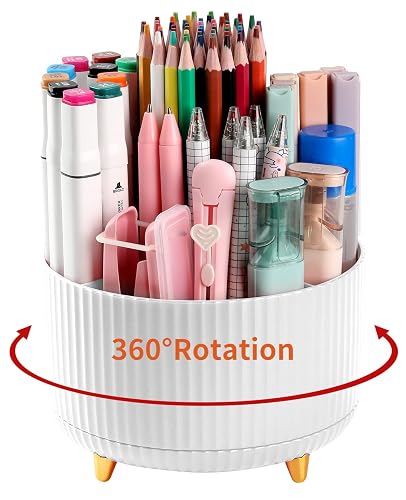 Desk Pencil Pen Holder, 5 Slots 360°Degree Rotating Pen Organizers for Desk, Desktop Storage Stationery Supplies Organizer, Cute Pencil Cup Pot for Office, School, Home, Art Supply, Whi