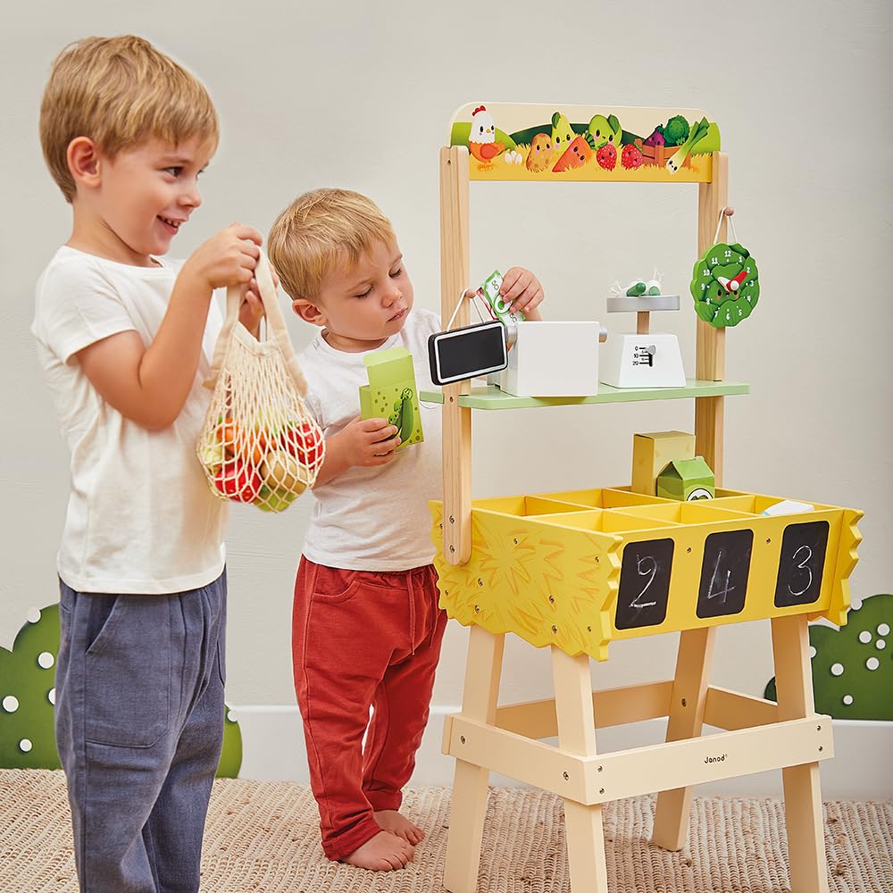 Janod - Tienda Infantil Farm Market - Juguete de Imitación Infantil - 32 Accesorios - Estimula la imaginación - Juguete de Madera FSC - Pintura al Agua - A Partir de 3 años, J03322