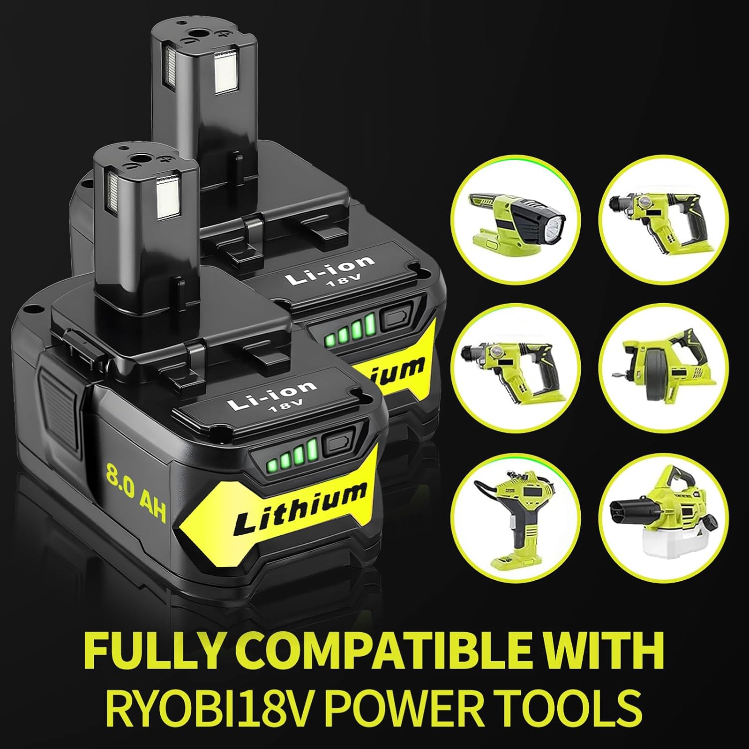 2 Packs 8.0Ah High Capacity Replacement for Ryobi 18v Battery P108 P104 P105 P102 P103 P122 P109 Li-ION Compatible with Ryobi 18V ONE+ System Cordless Power Tools and Charger - Image 4