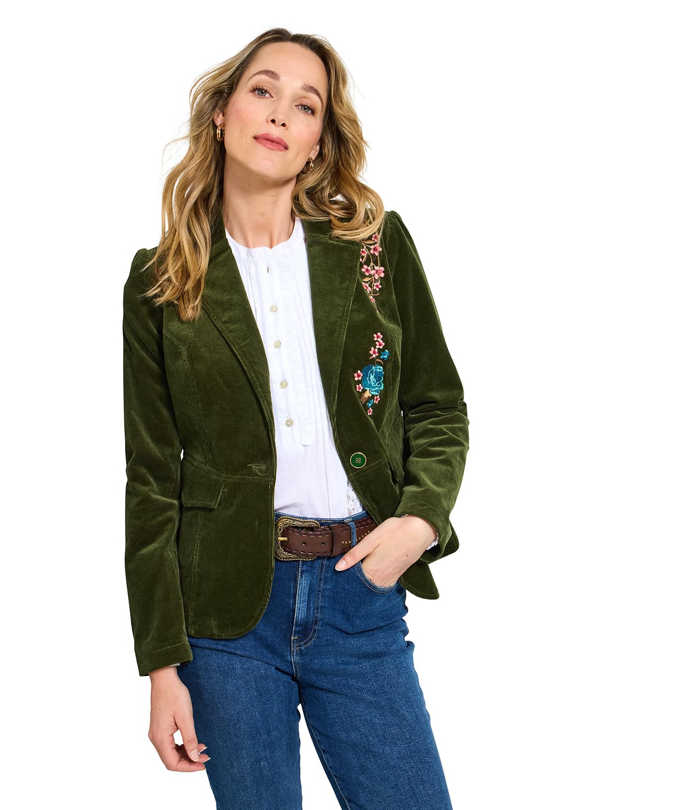 Joe Browns Female Soft Corduroy Embroidered Cord Jacket, Regular, Green, UK 18