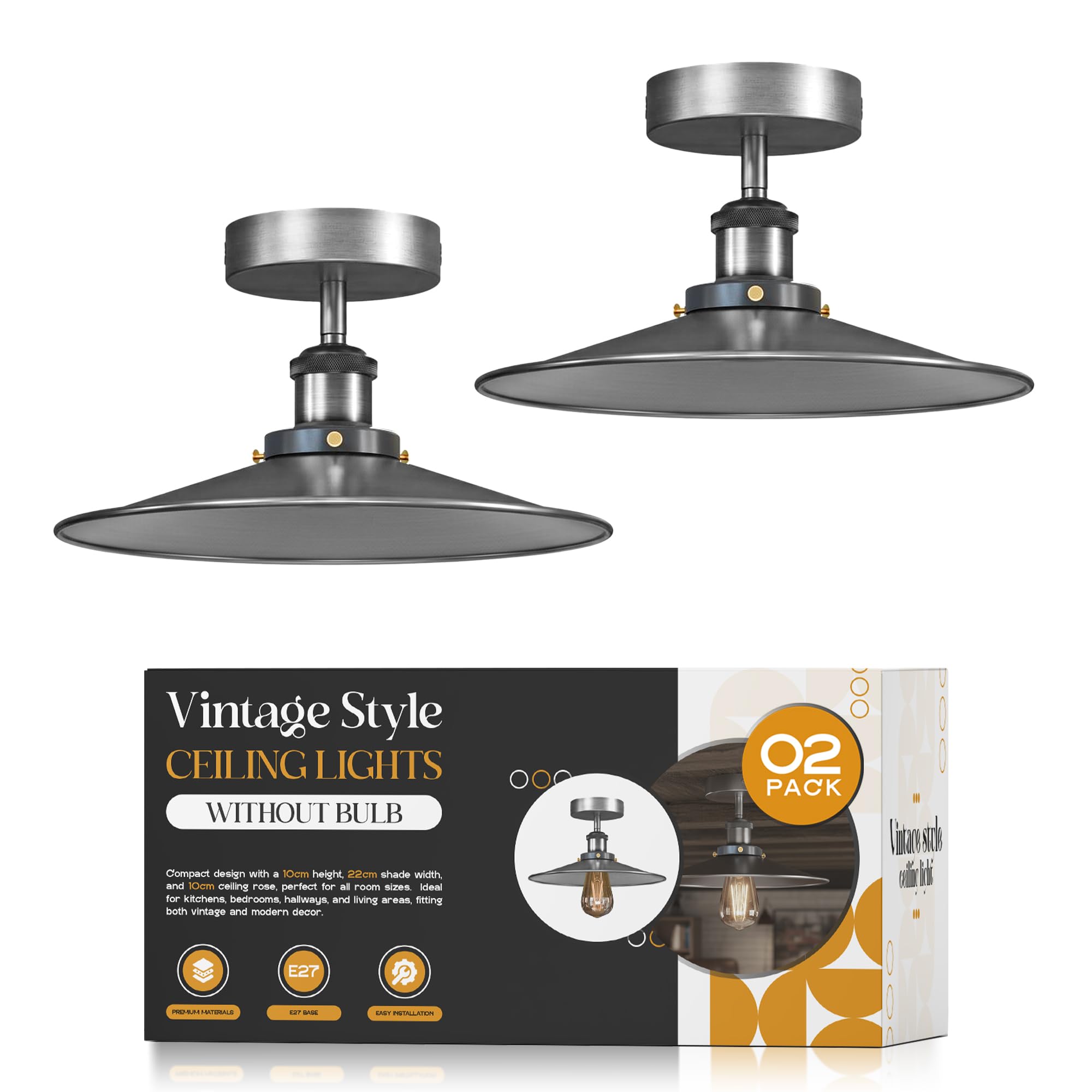 2 Pack Vintage Ceiling Lights Fixture Industrial Chandeliers Metal 22cm Satin Nickel Lampshade with E27 Base LED Semi Flush Mount Ceiling Lighting for Kitchen, Hallway, Bedroom, Living Room EPC A+