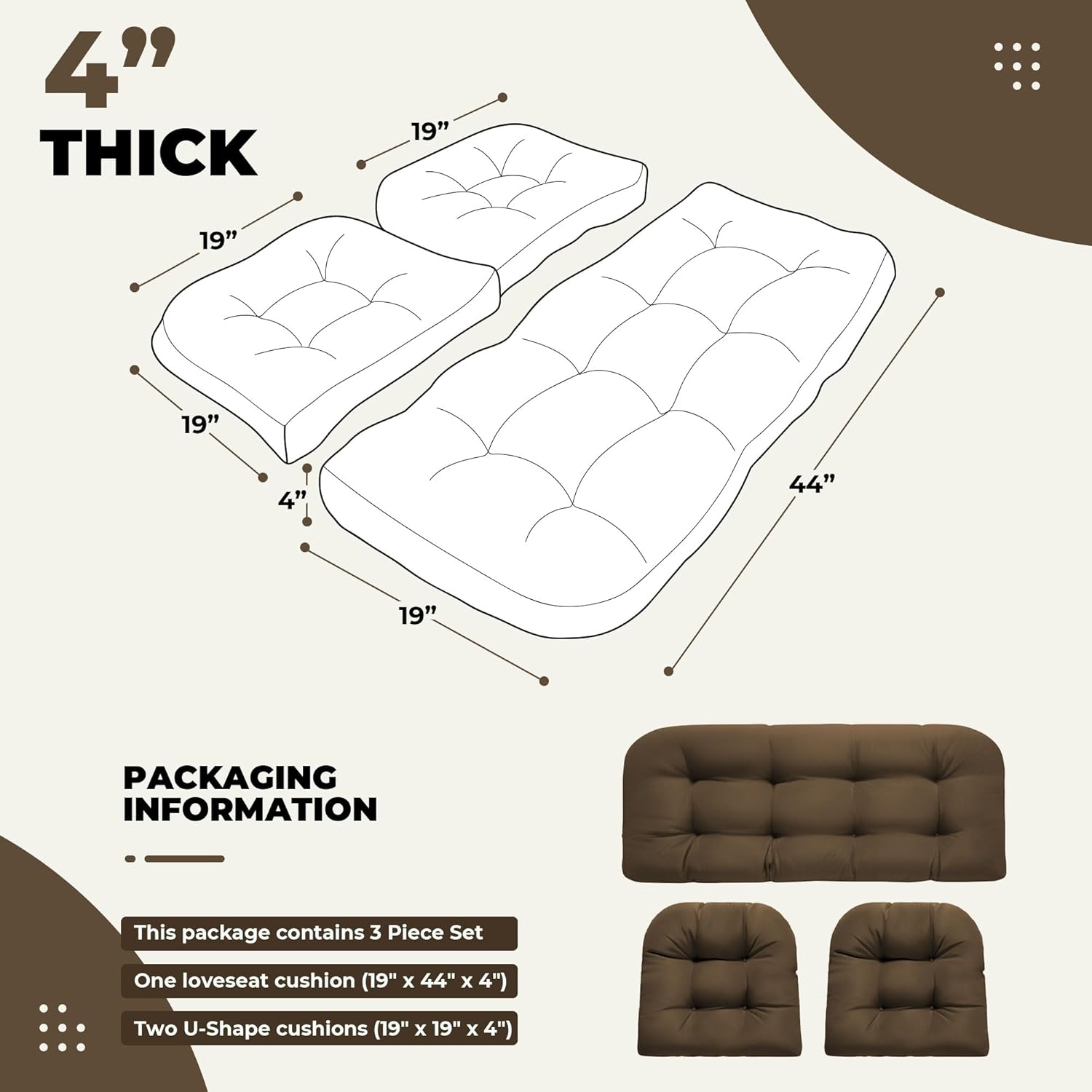 wicker chair cushions, waterproof outdoor loveseat cushions for patio furniture, tufted wicker furniture cushions, 1 loveseat and 2 u-shaped cushions, brown brown wicker chair cushion