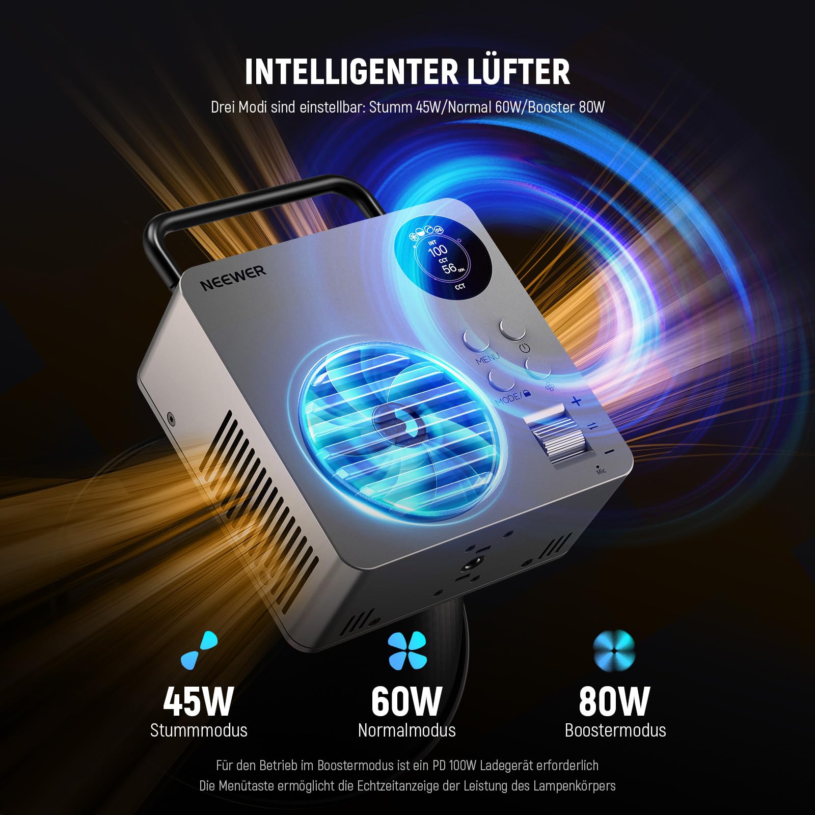 NEEWER 80W LED Videolicht mit 72Wh Akku und 100W PD Adapter APP/2.4G Steuerung Tragbares zweifarbiges Mini COB Studio Dauerlicht 25500lx/1m 2700-6500K 0-100% Dimmen CRI95+ 13 Szenen, HB80B