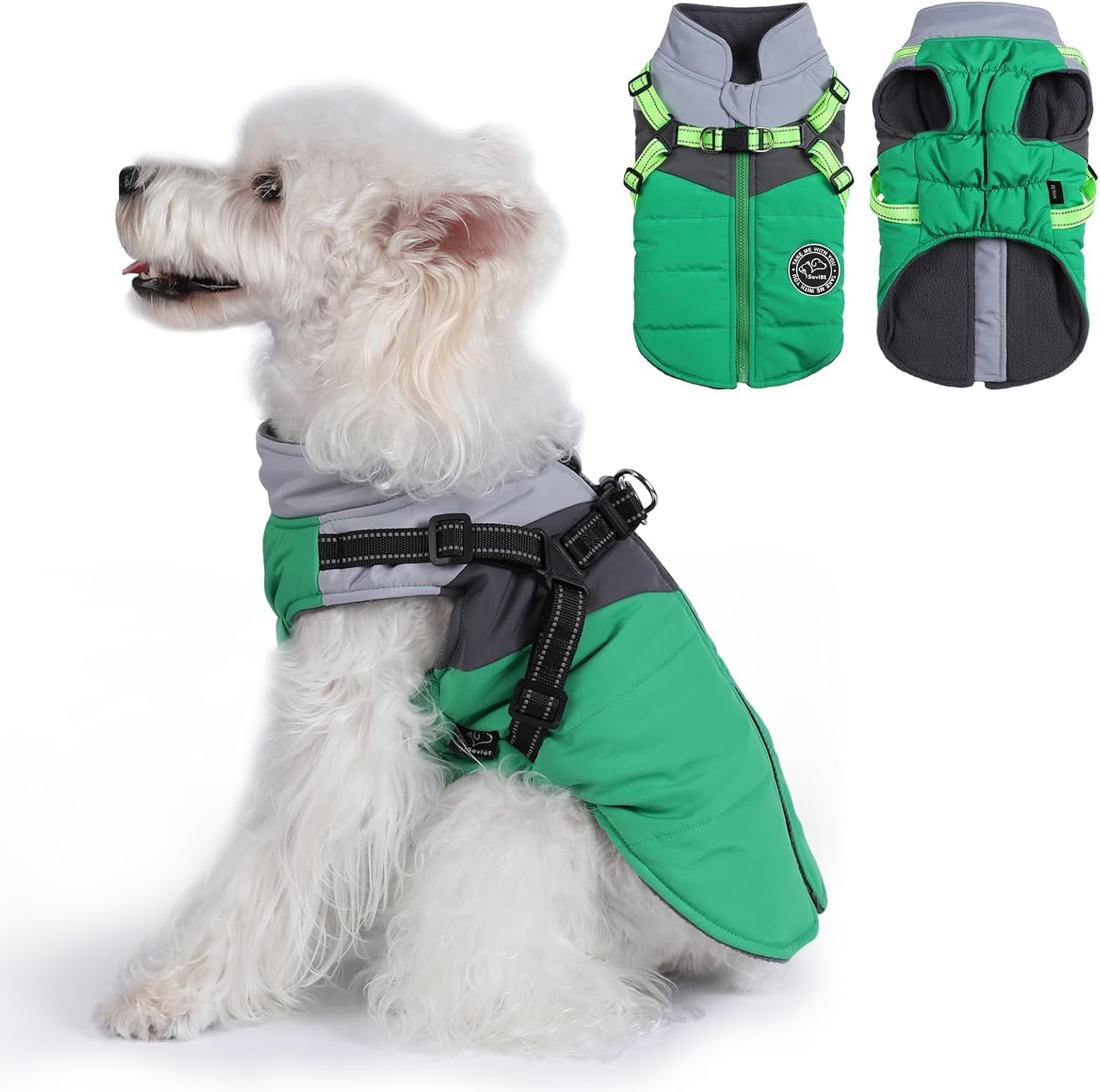 Savlot - Cappotto per cani con imbracatura, cappotti per cani di piccola taglia, giacca invernale per cani di piccola taglia, antivento, riflettente (L, verde + grigio)