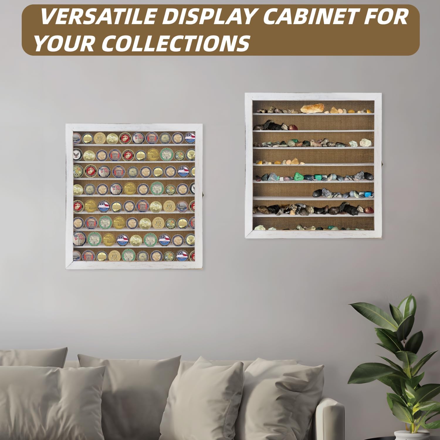 Large Display Case for 1/64 Scale Model Cars, Wall-Mounted or Freestanding Wood Display Cabinet for Hot Wheels, Rocks, Challenge Coins, Mini Toys, Minifigures, UV Protection Shadow Box, Vintage White