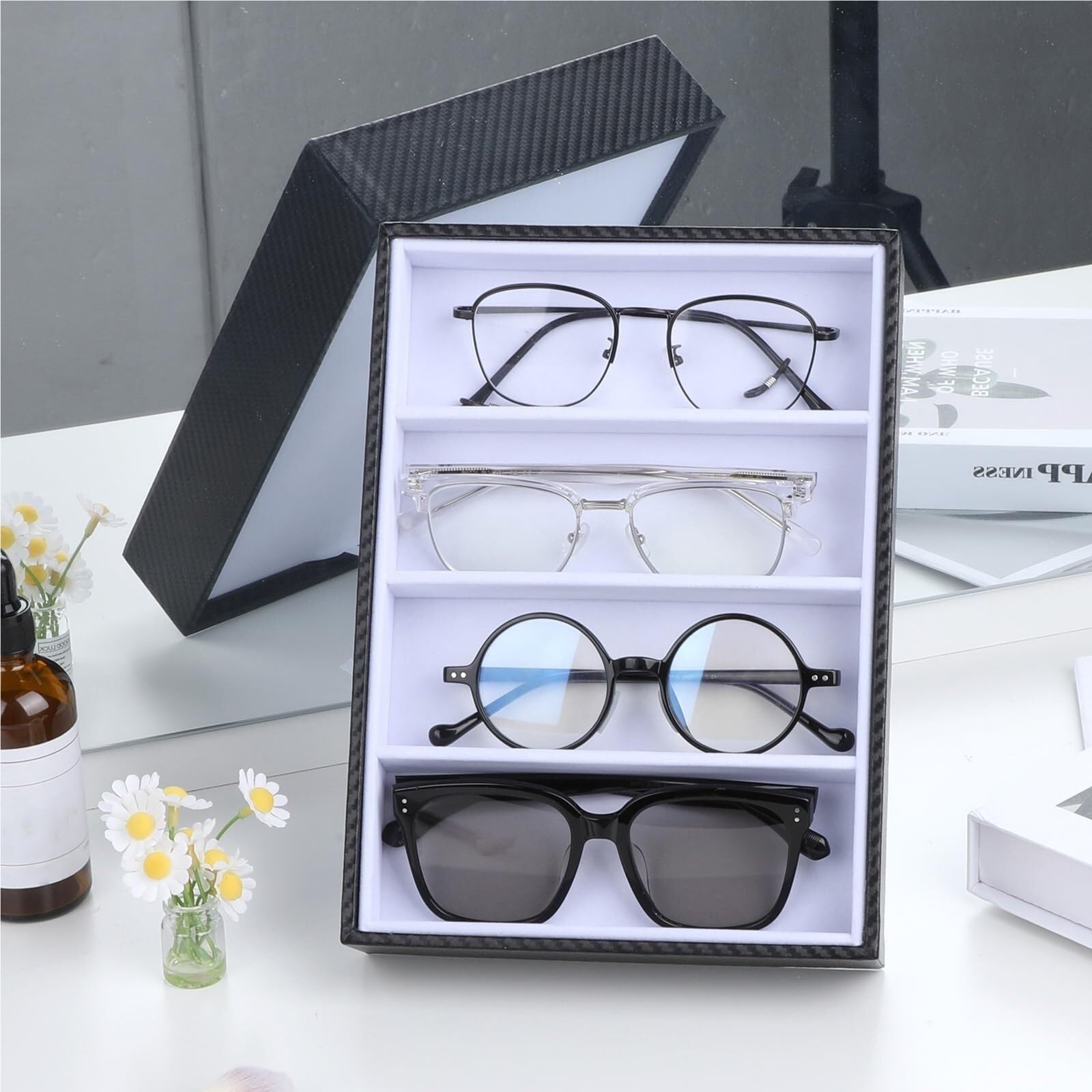 Expositor para Gafas de Sol Soporte For Gafas, Bandeja De Almacenamiento 4 Rejillas con Retráctil Marco de Gafas de Escritorio