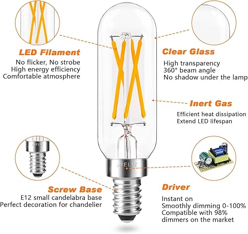 Miniatura 8 de Bombilla LED E12 (regulable 0  100%), bombillas de luz T8 de Aielit, 4 W equivalentes a 40 W incandescente, filamento vintage, bombilla de