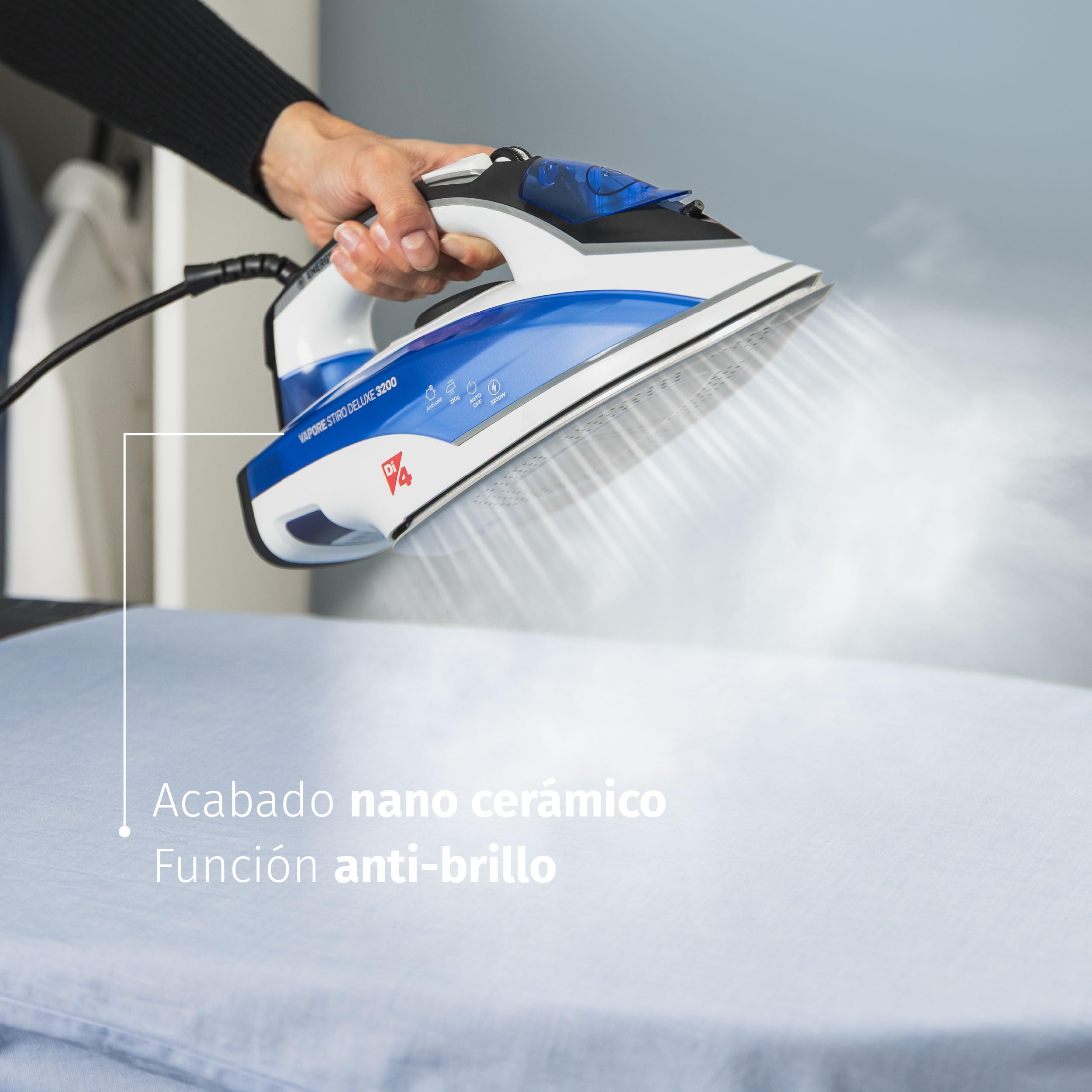 Di4 Vapore Stiro Deluxe Plancha de Vapor 3200W, Golpe de Vapor 260g, Vapor Continuo 50g/min, Suela Cerámica PrimeGlide, Sistema Antical 3 en 1, Antigoteo, Depósito 350ml, Planchado Vertical