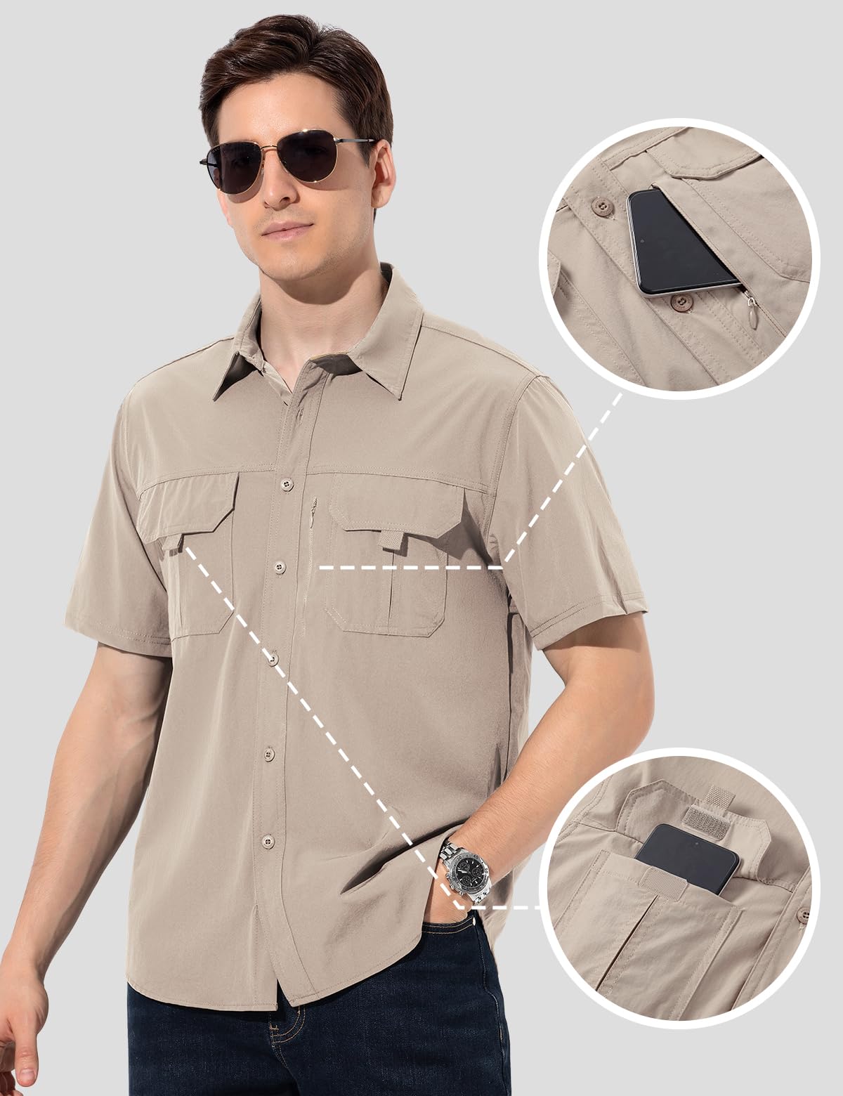 Camicia Safari da Uomo Lavoro Maniche Corte Sportiva Camicie da Pesca Escursionismo Outdoor Protezione UV