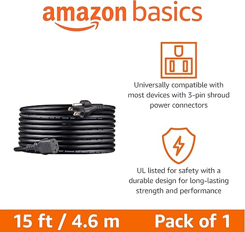 Miniatura 2 de Tienda Basics Cable de alimentación para PC, 15 pies, Cable de alimentación AC para monitor, computadora, TV, 3 clavijas, 18 AWG, 125 voltios, negro