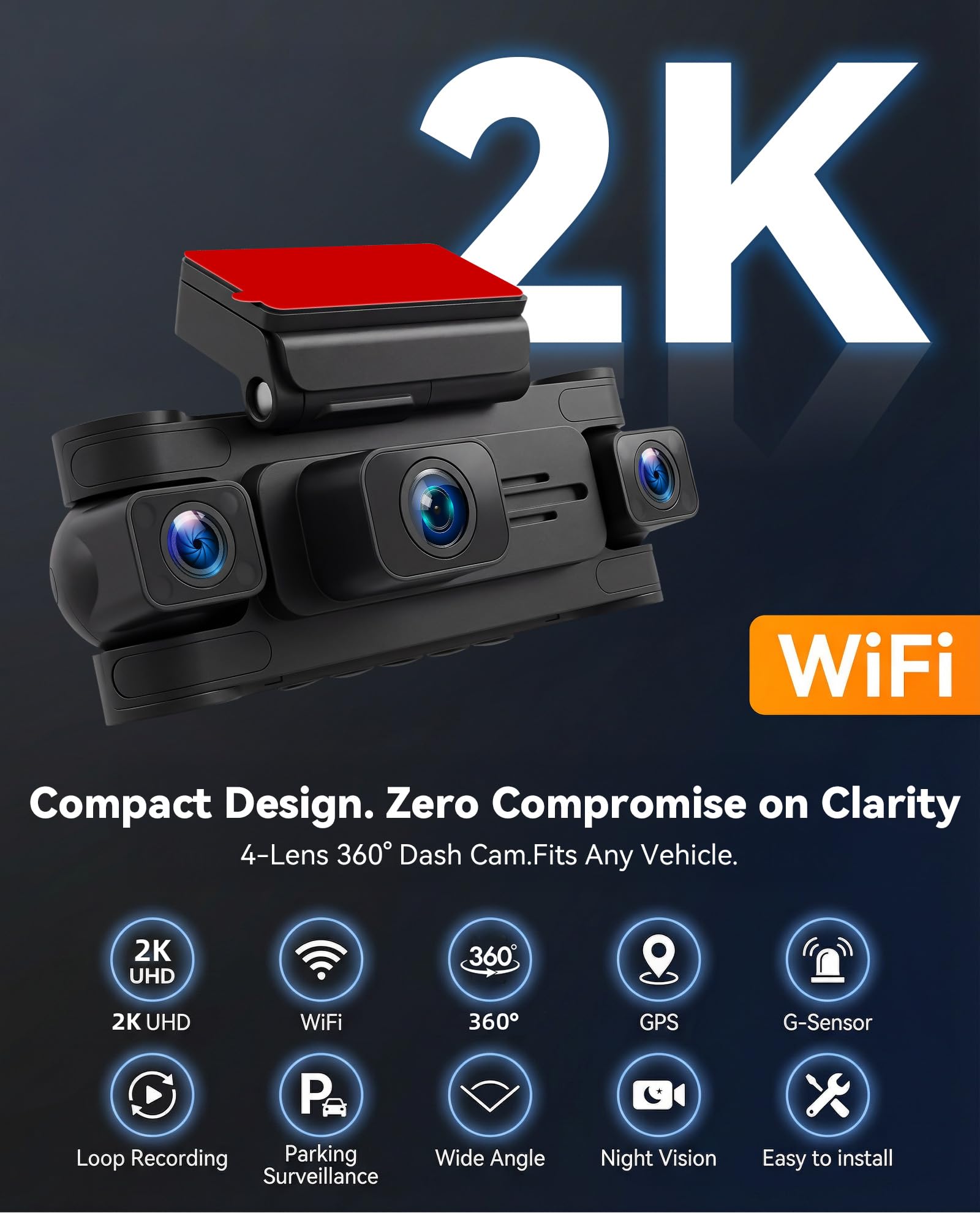 SIXWIN 360° Dashcam 2K con Pantalla de 3", Cámara para Auto con 2K + 3 x 1080P, Visión Nocturna, WiFi, Control por App, GPS, Sensor G, Estacionamiento 24/7, Grabación en Bucle, Universal