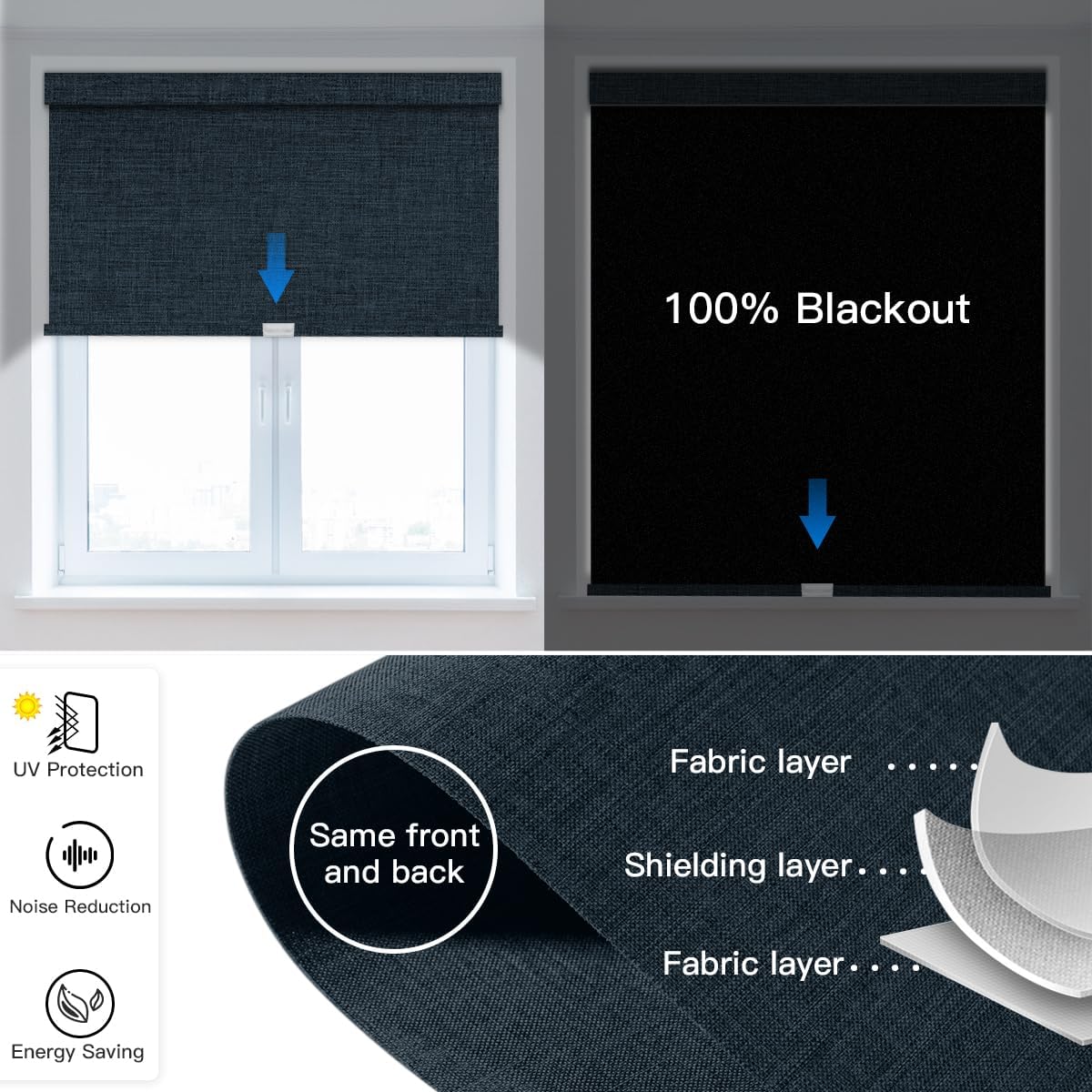 Blackout Cordless Roller Shade, Spring Free-Stop Pull-Down Window Blind, Custom Size, Thermal Insulated, UV Blocking, Room Darkening, Drill-Mount for Home (Fabric Navy Blue)